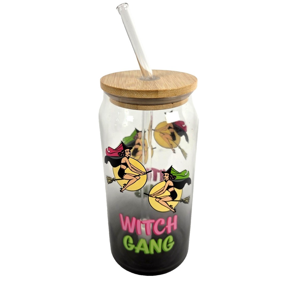 Retro Witch Gang Tumbler Glass Cup 7 Inch Halloween Witches Bamboo Lid Straw New